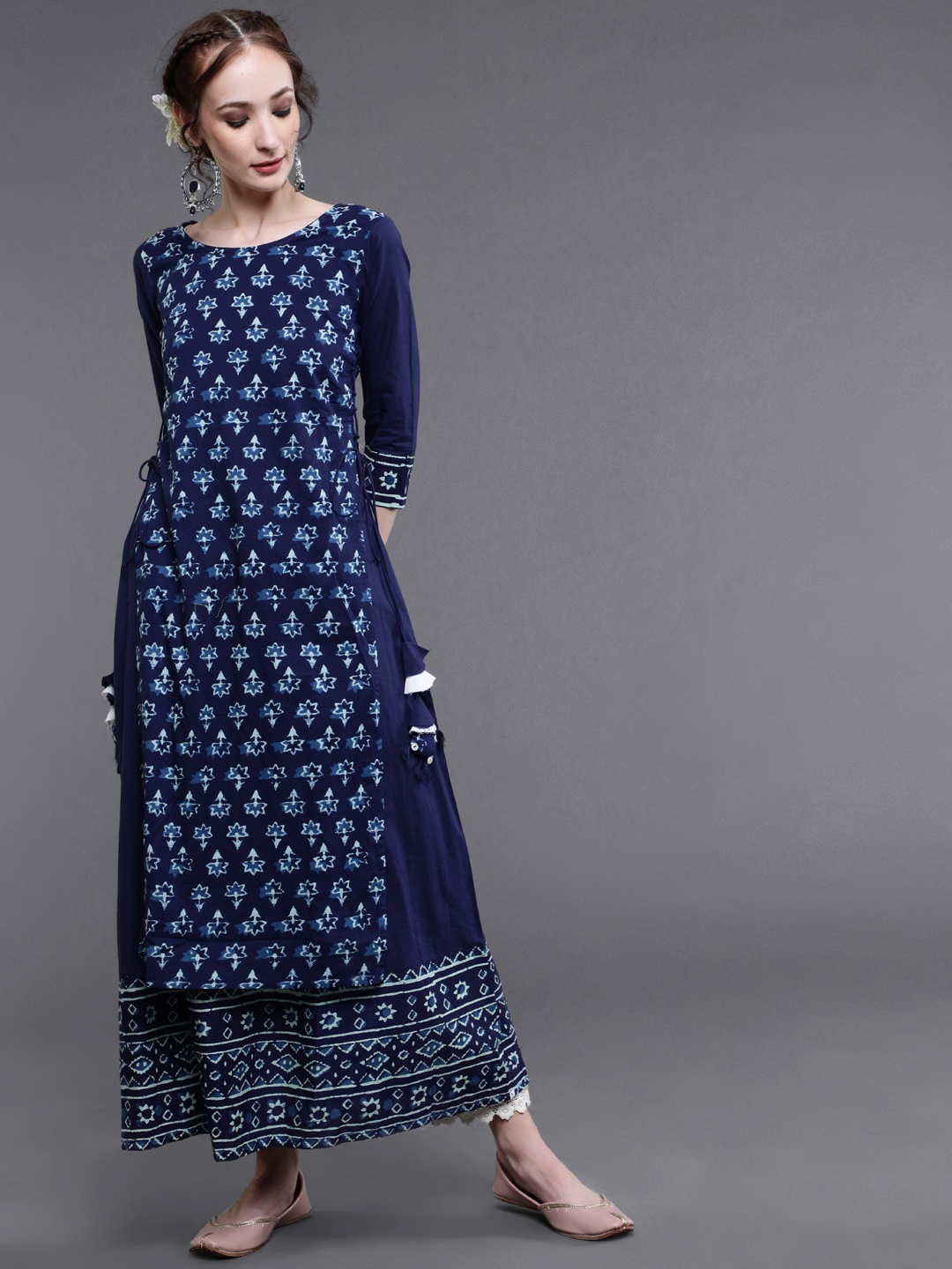 

saubhagya Ethnic Motifs Printed Cotton Maxi Dress, Blue