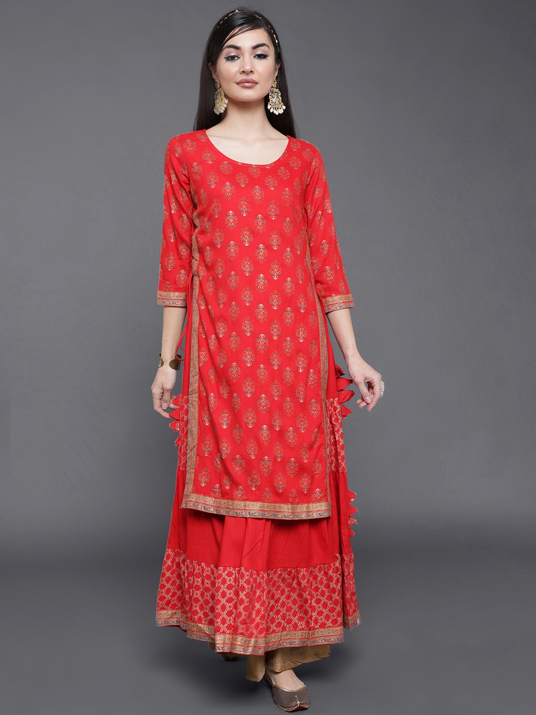 

saubhagya Red Ethnic Motifs Printed Cotton Maxi Dress