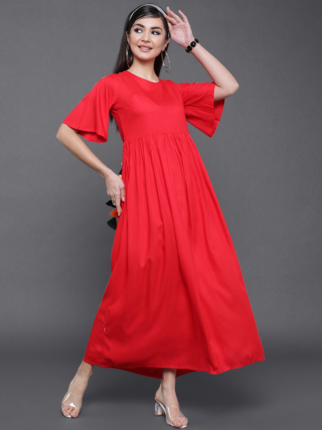 

saubhagya Round Neck Flared Sleeves Maxi Dress, Red