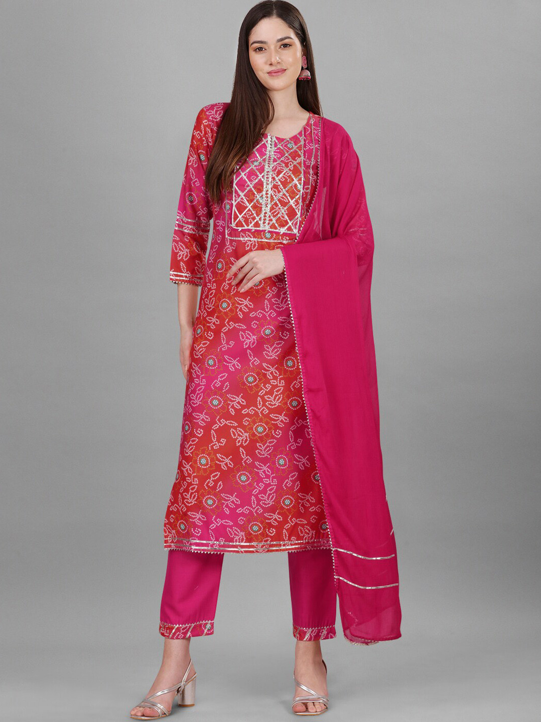 

Nivah Fashion Women Bandhani Printed Kurta With Trousers & Dupatta, Pink