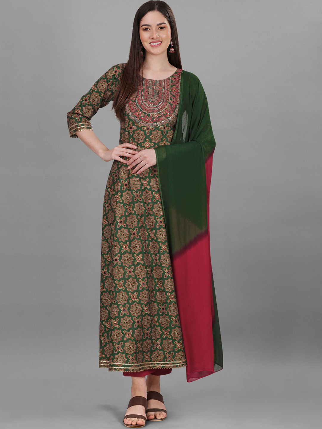 

Nivah Fashion Ethnic Motifs Printed Sequined Work Anarkali Kurta with Trousers & Dupatta, Green