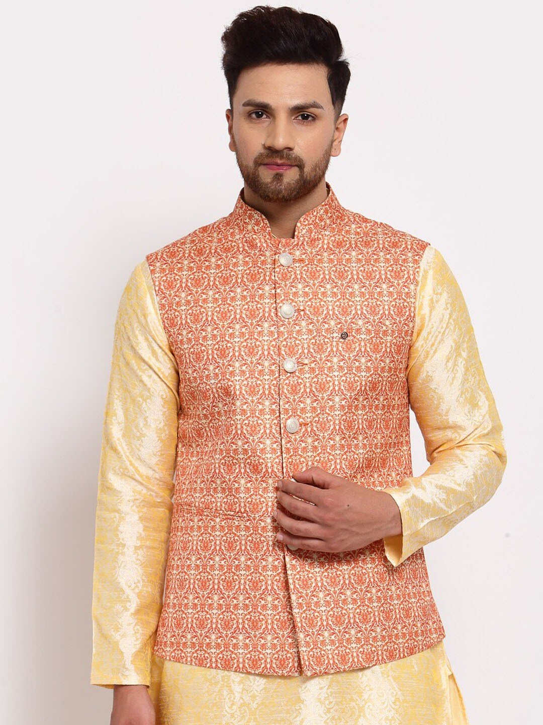 

MOHANLAL SONS Plus Size Woven Design Silk Blend Nehru Jackets, Orange