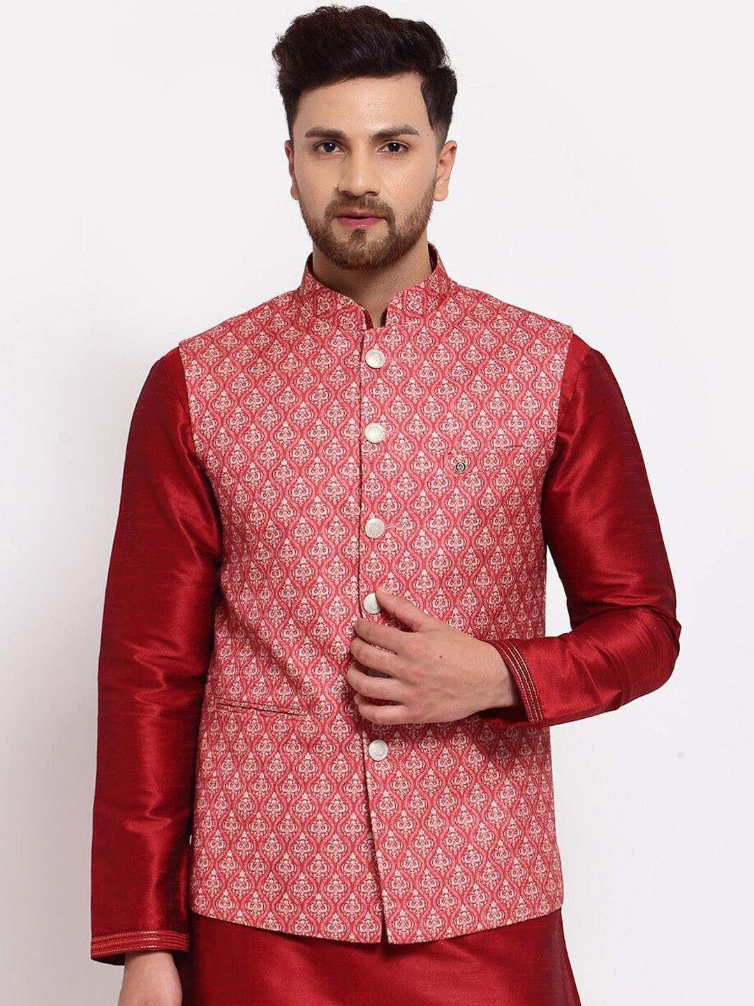 

MOHANLAL SONS Plus Size Woven Design Silk Blend Nehru Jackets, Maroon