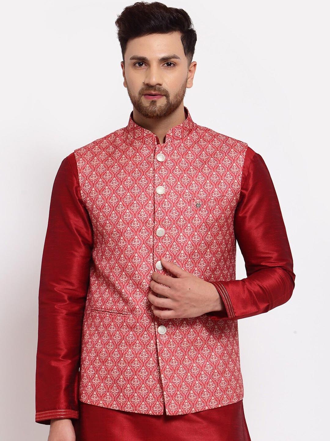 

MOHANLAL SONS Woven Design Silk Blend Nehru Jackets, Maroon