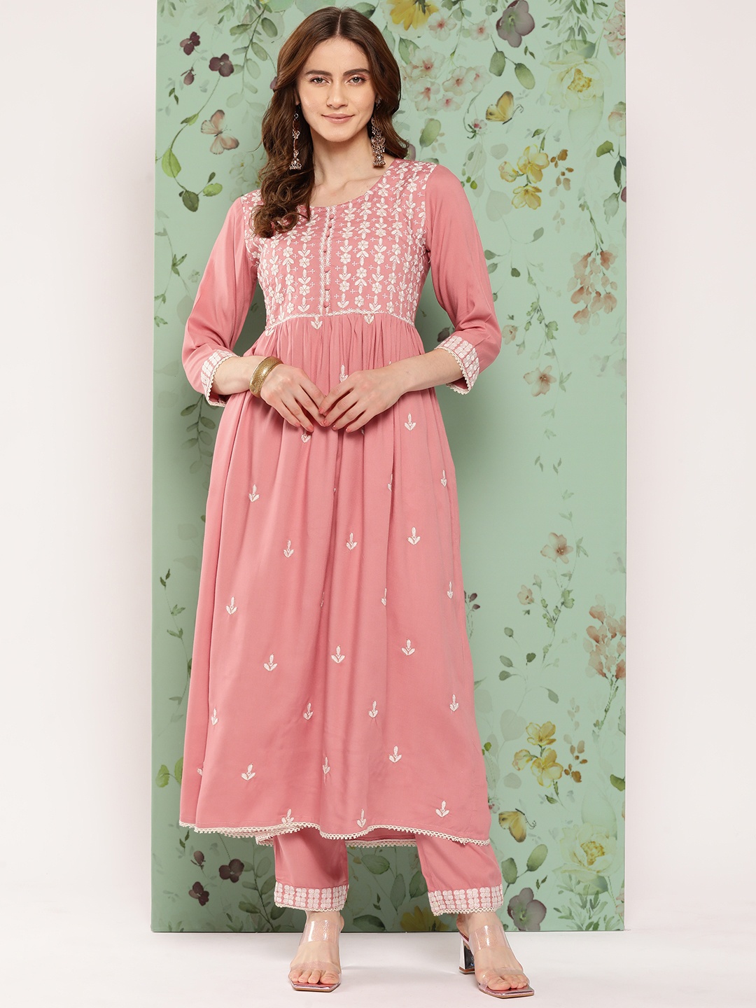 

Yufta Floral Yoke Design Pleated Chikankari Kurta with Trousers, Peach