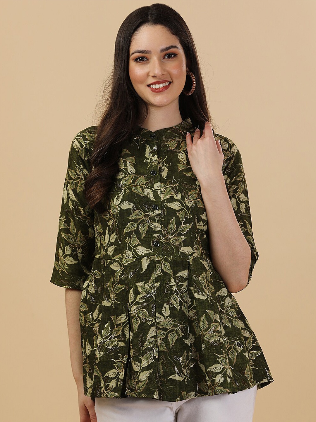 

GUFRINA Floral Printed A-Line Crepe Top, Green