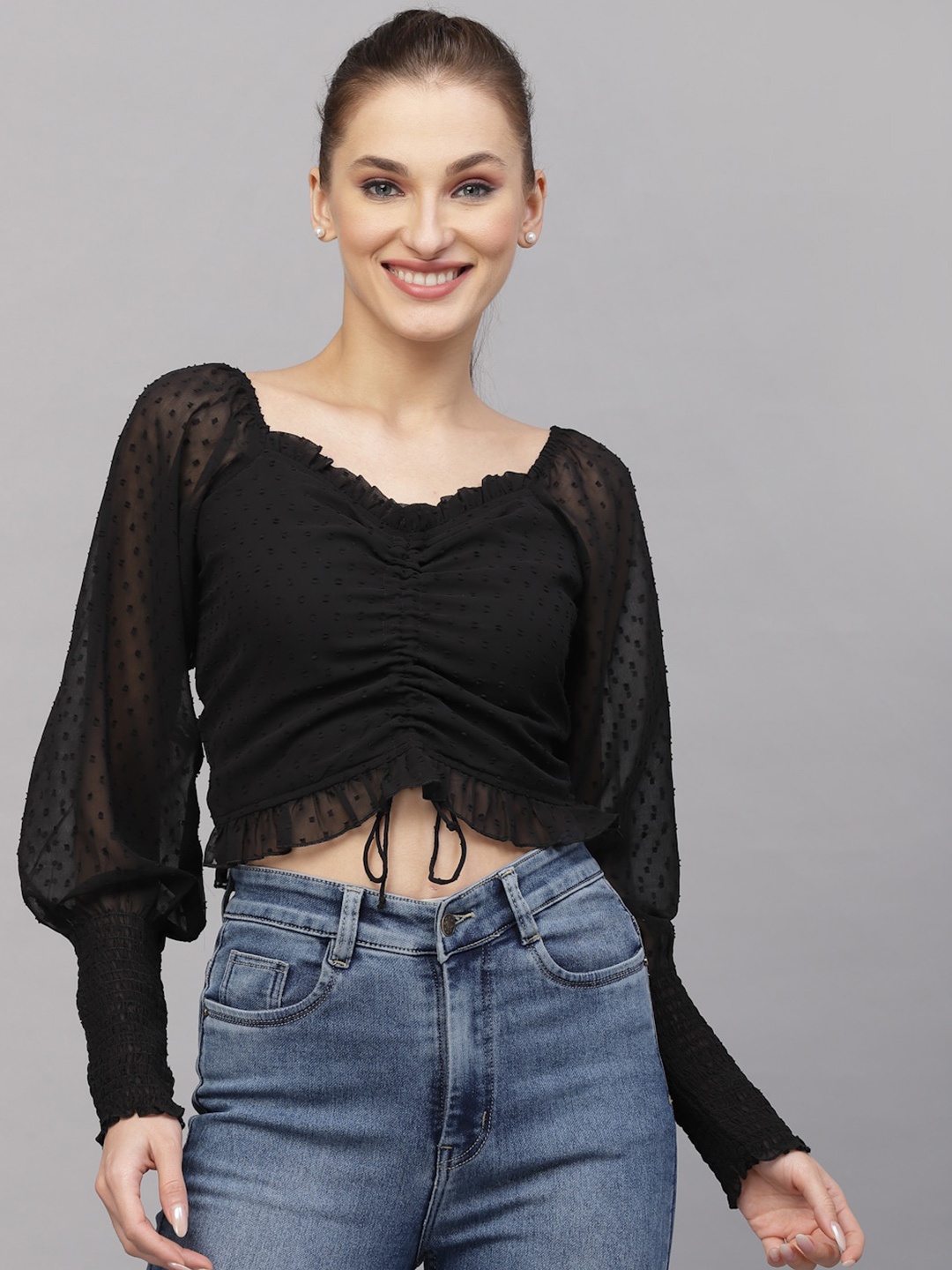 

aayu Sweetheart Neck Puff Sleeves Georgette Crop Top, Black