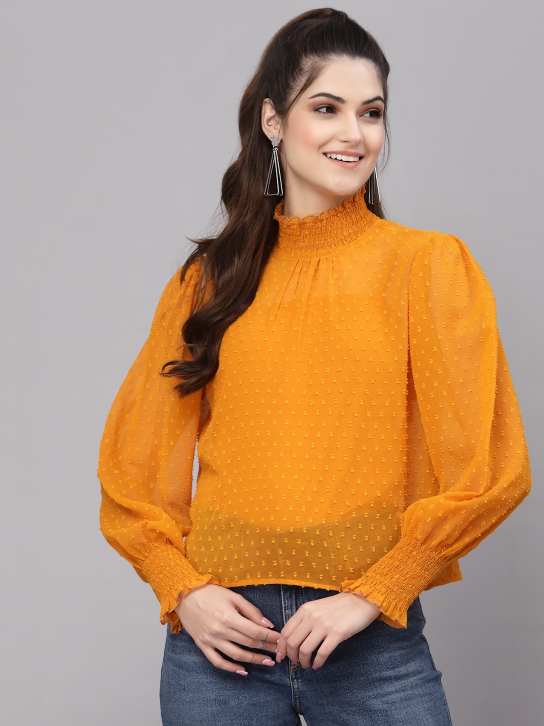 

aayu Self design Smocked High Neck Georgette Top, Mustard