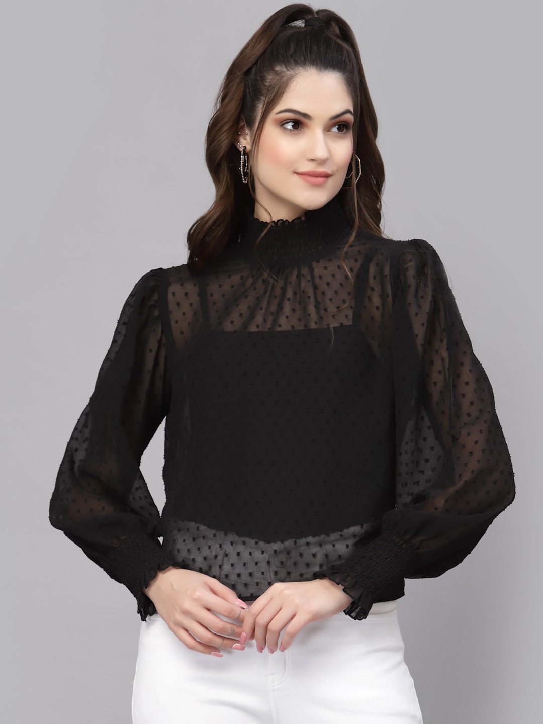 

aayu Self design Smocked High Neck Georgette Top, Black