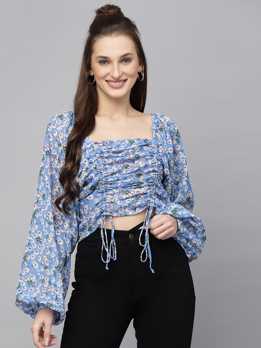 

aayu Floral Print Ruched Georgette Crop Top, Blue