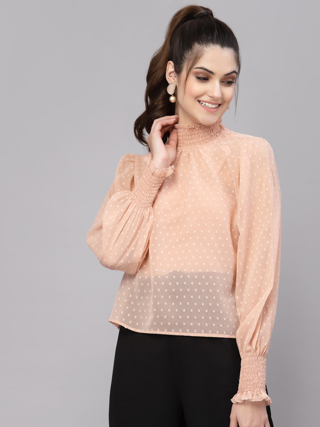 

aayu Puff Sleeves High Neck Georgette Top, Peach