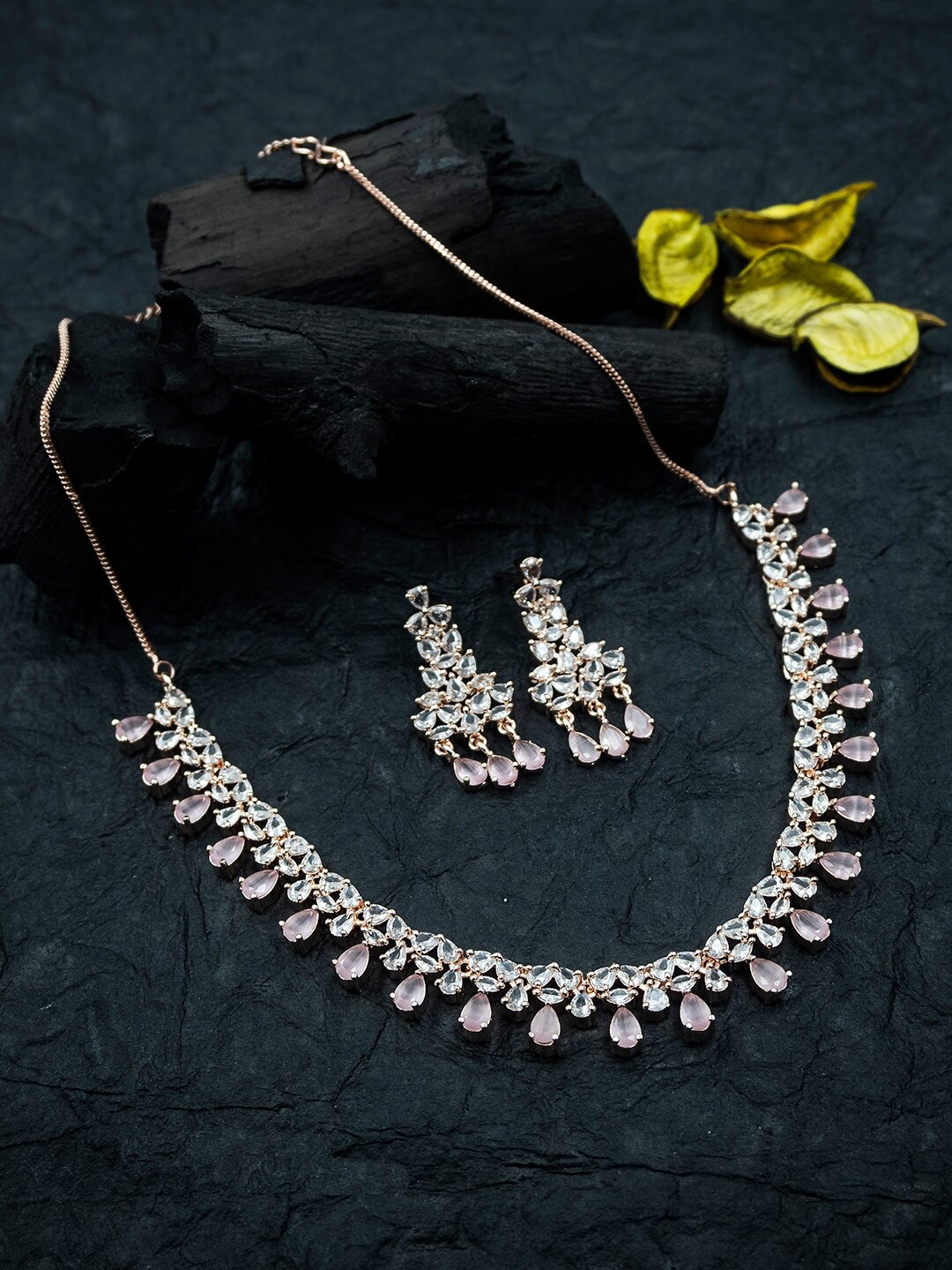 

StileAdda Rose Gold-Plated CZ Stone-Studded Jewellery Set, Pink