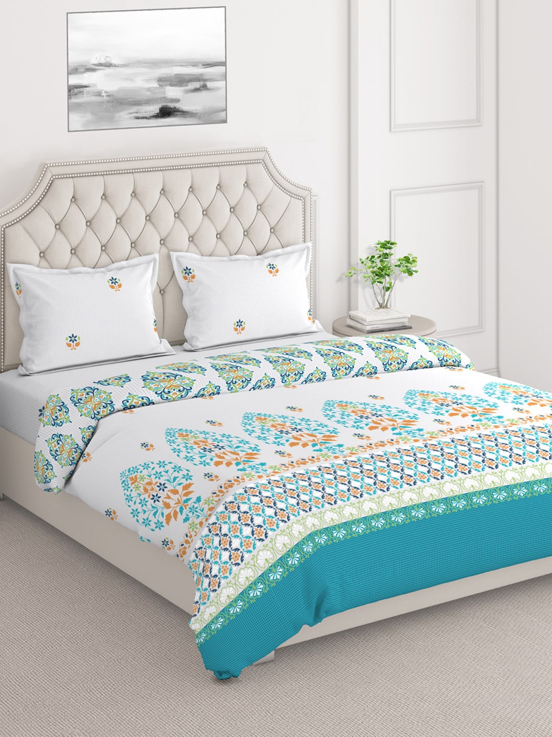 

Layers DuroCount White & Blue Ethnic Motifs Printed Double King Bedding Set