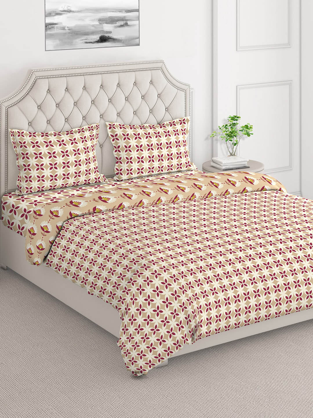 

Layers Firenze Beige & Pink Floral Printed Double Queen Bedding Set