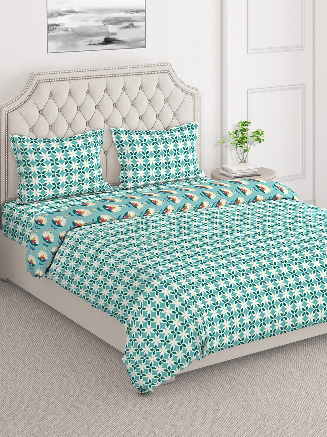 

Layers Firenze Green & Cream Floral Printed Double Queen Bedding Set