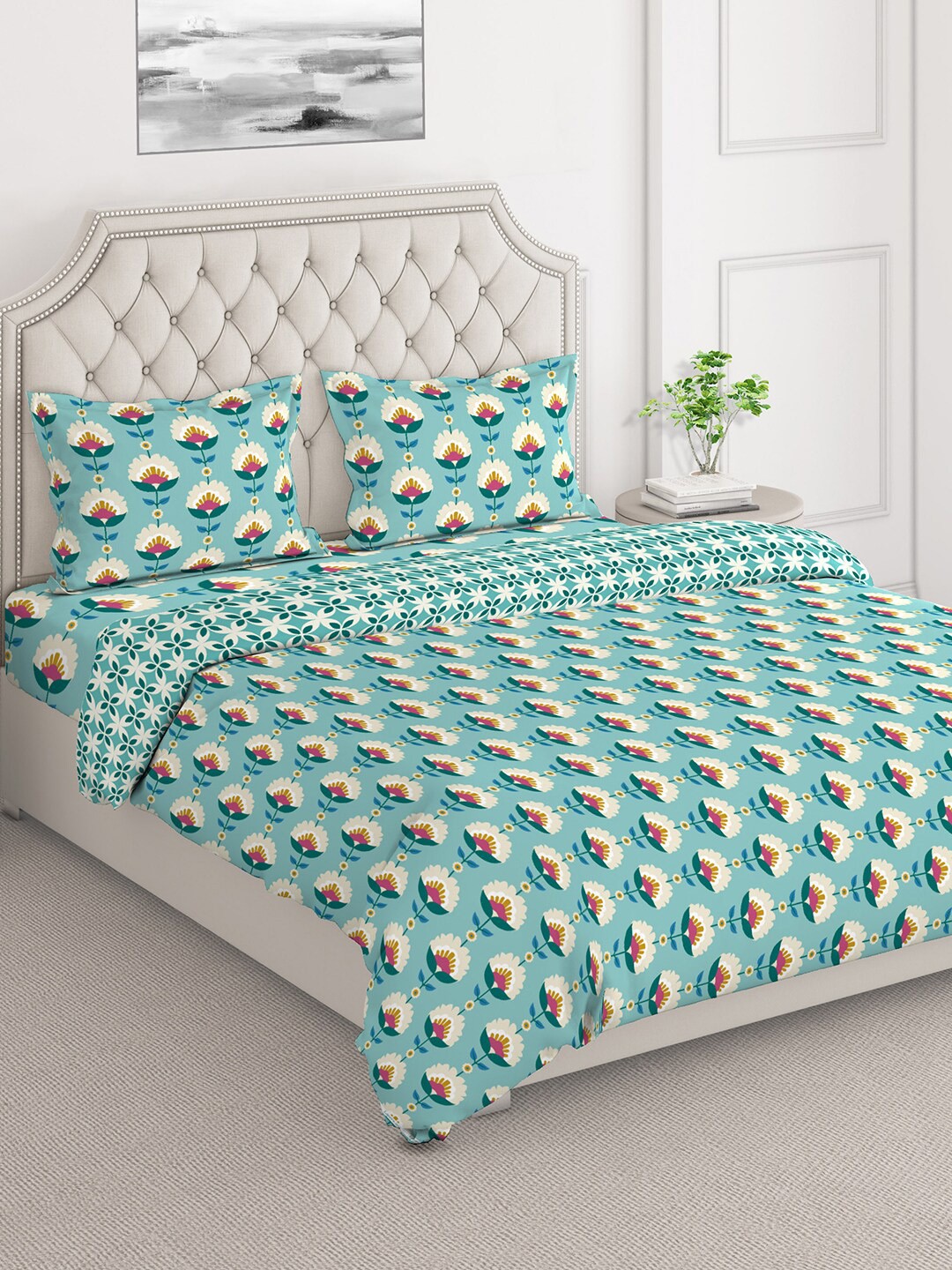 

Layers Firenze Blue & Green Floral Printed Double Queen Bedding Set