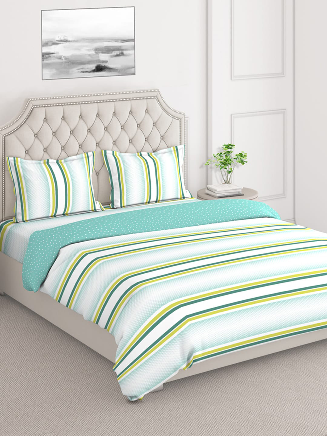 

Layers DuroCount White & Green Stripes Printed Double King Bedding Set