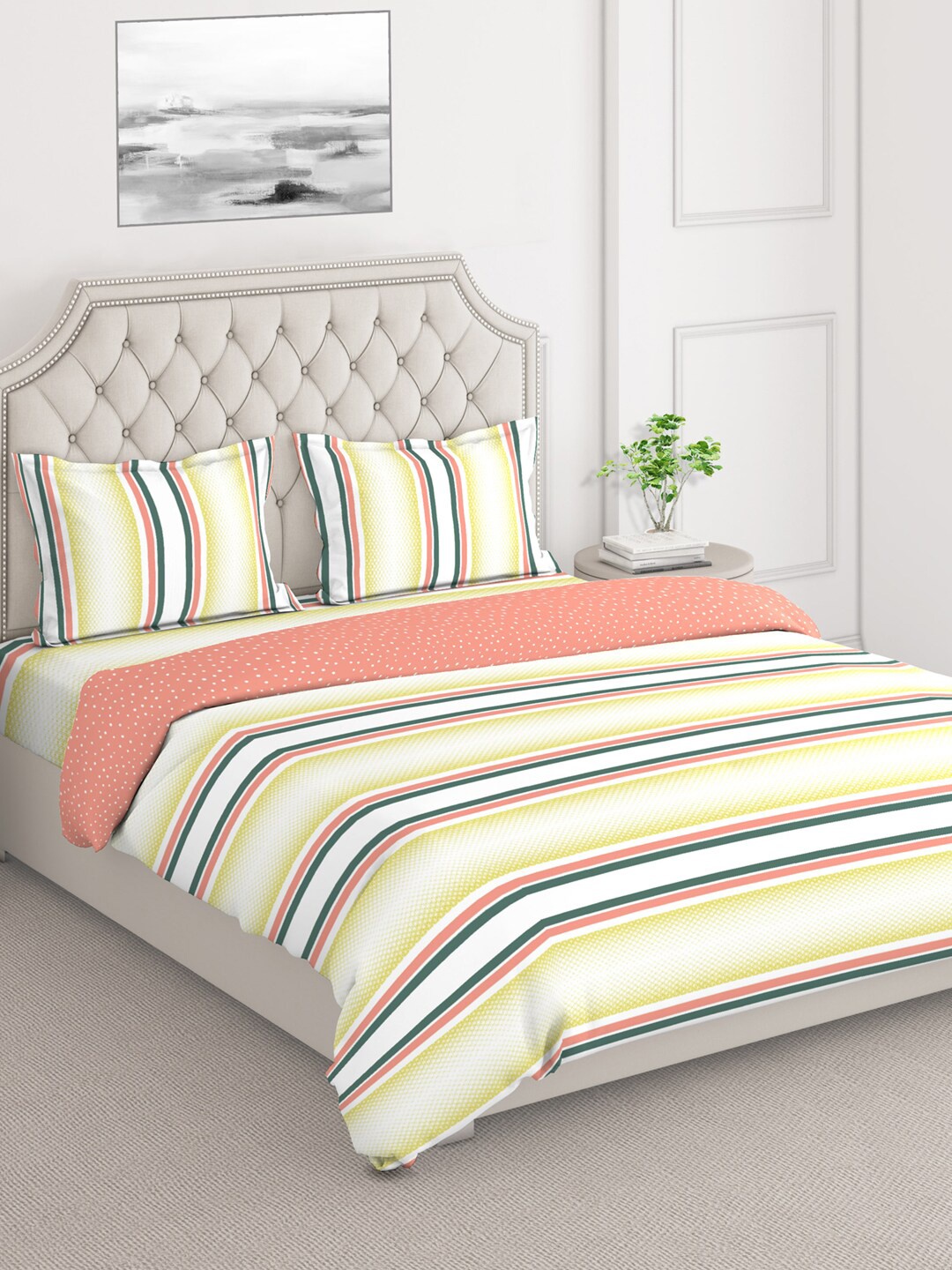 

Layers DuroCount White & Green Striped Superfine Double King Bedding Set