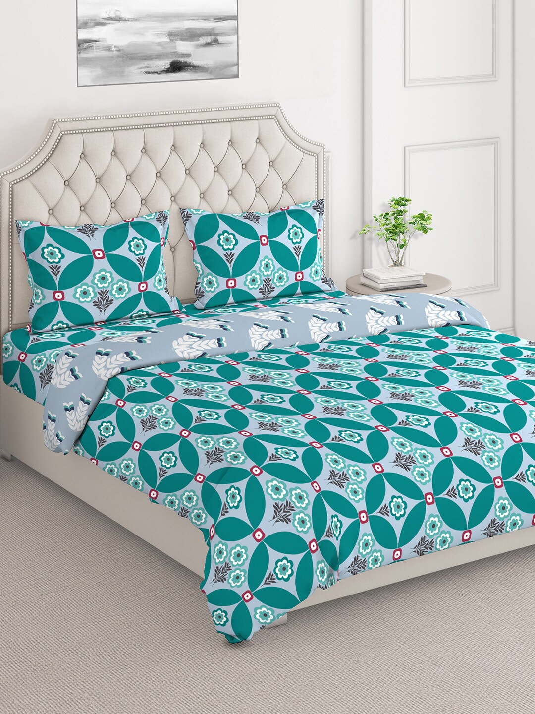 

Layers Firenze Blue & Green Floral Printed Pure Cotton Double Queen Bedding Set