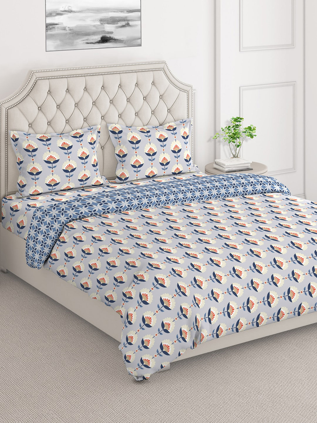 

Layers Firenze Blue & Cream Floral Printed Pure Cotton Double Queen Bedding Set