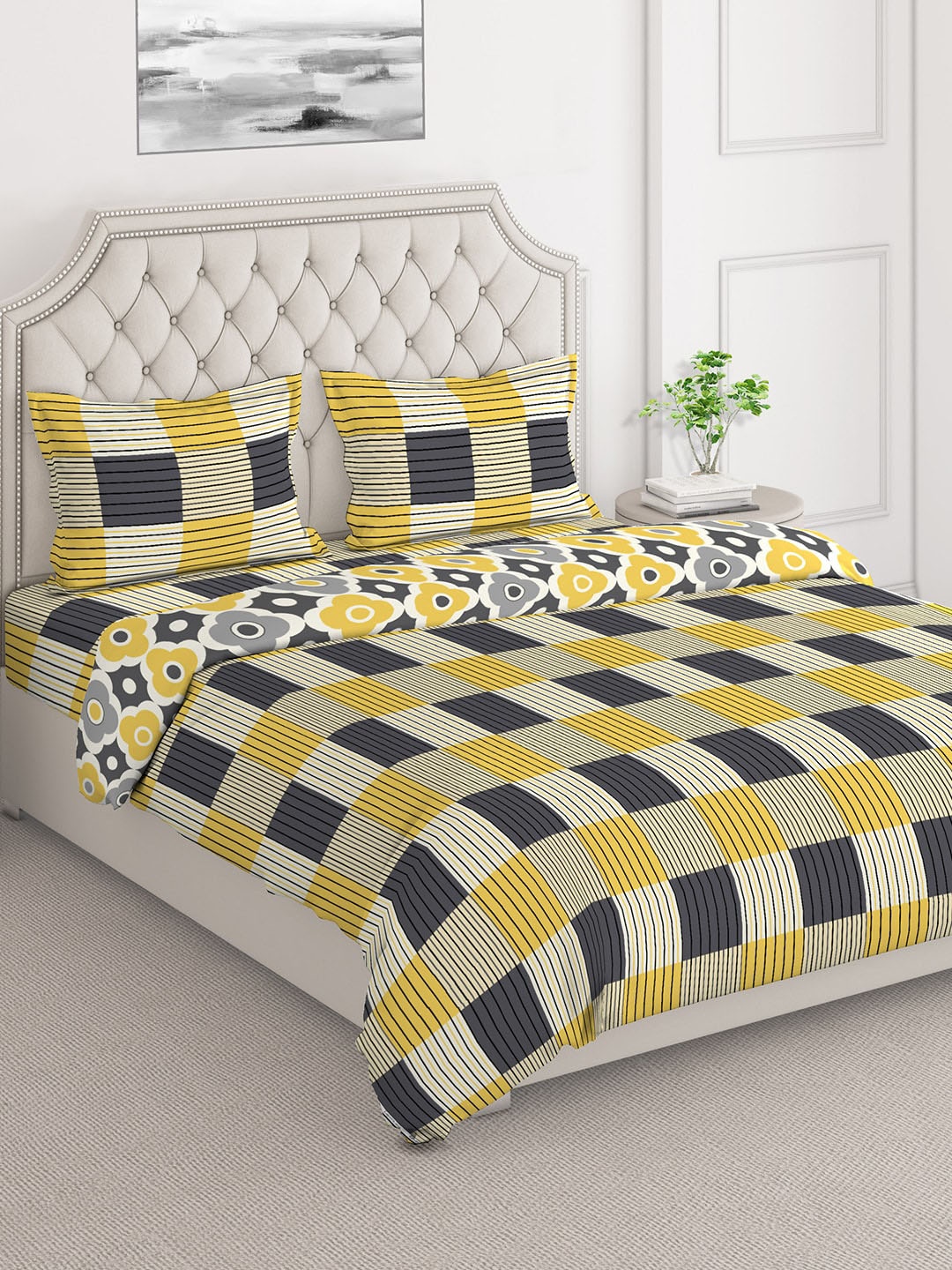 

Layers Firenze Yellow & Grey Melange Checked Double Queen Pure Cotton Bedding Set
