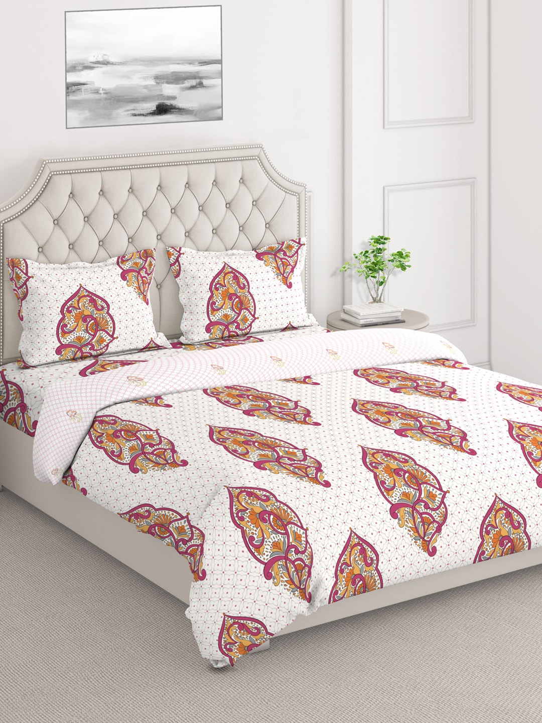 

Layers DuroCount White & Pink Ethnic Motifs Printed Superfine Double King Bedding Set