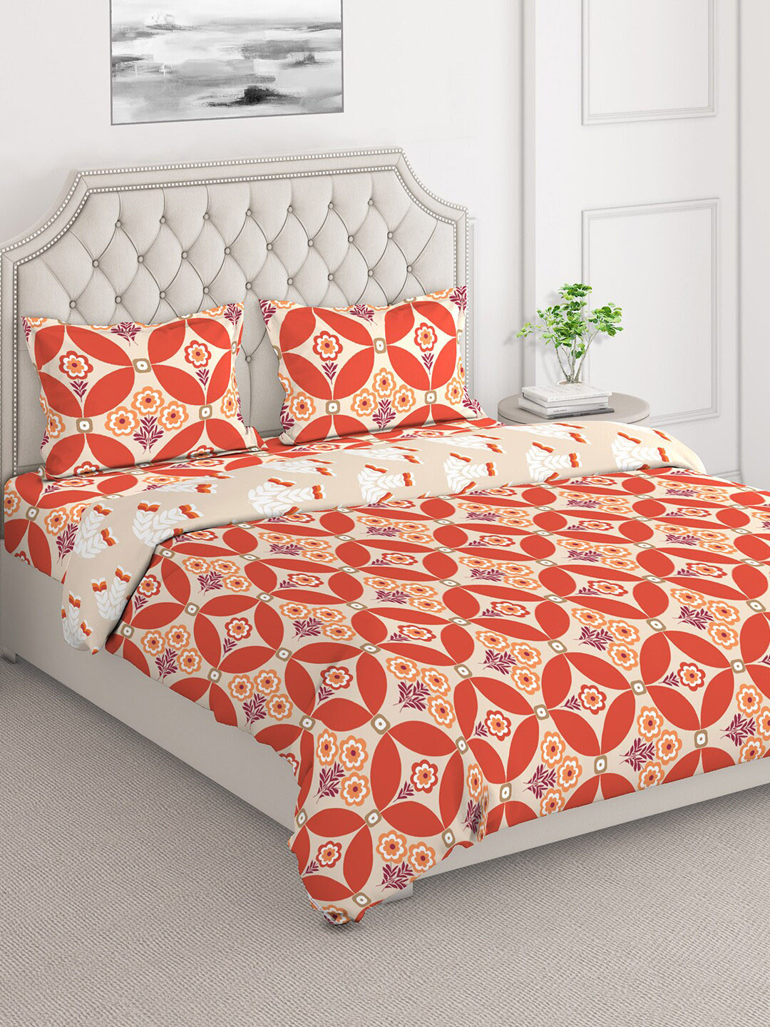 

Layers Firenze Beige & Orange Floral Printed Cotton Fine Double Queen Bedding Set