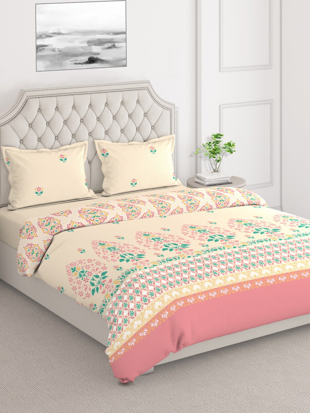

Layers DuroCount Beige-Coloured & Pink Ethnic Motif Printed Double King Bedding Set