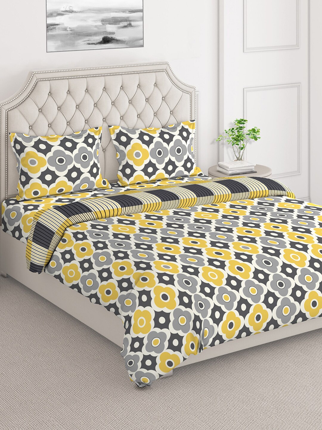 

Layers Firenze Yellow & Grey Floral Printed Pure Cotton Double Queen Bedding Set