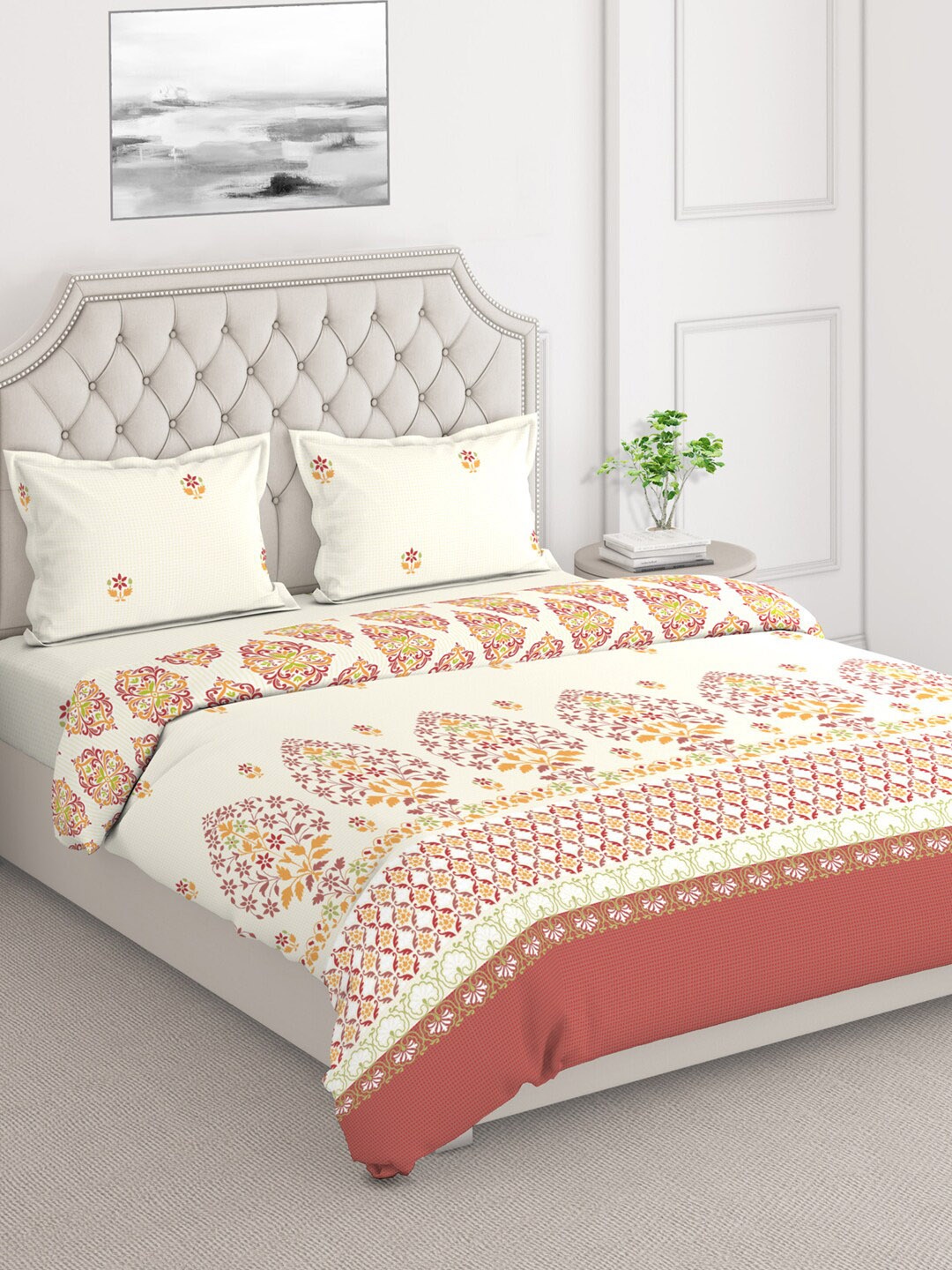 

Layers DuroCount Cream & Red Ethnic Motifs Printed Double King Bedding Set
