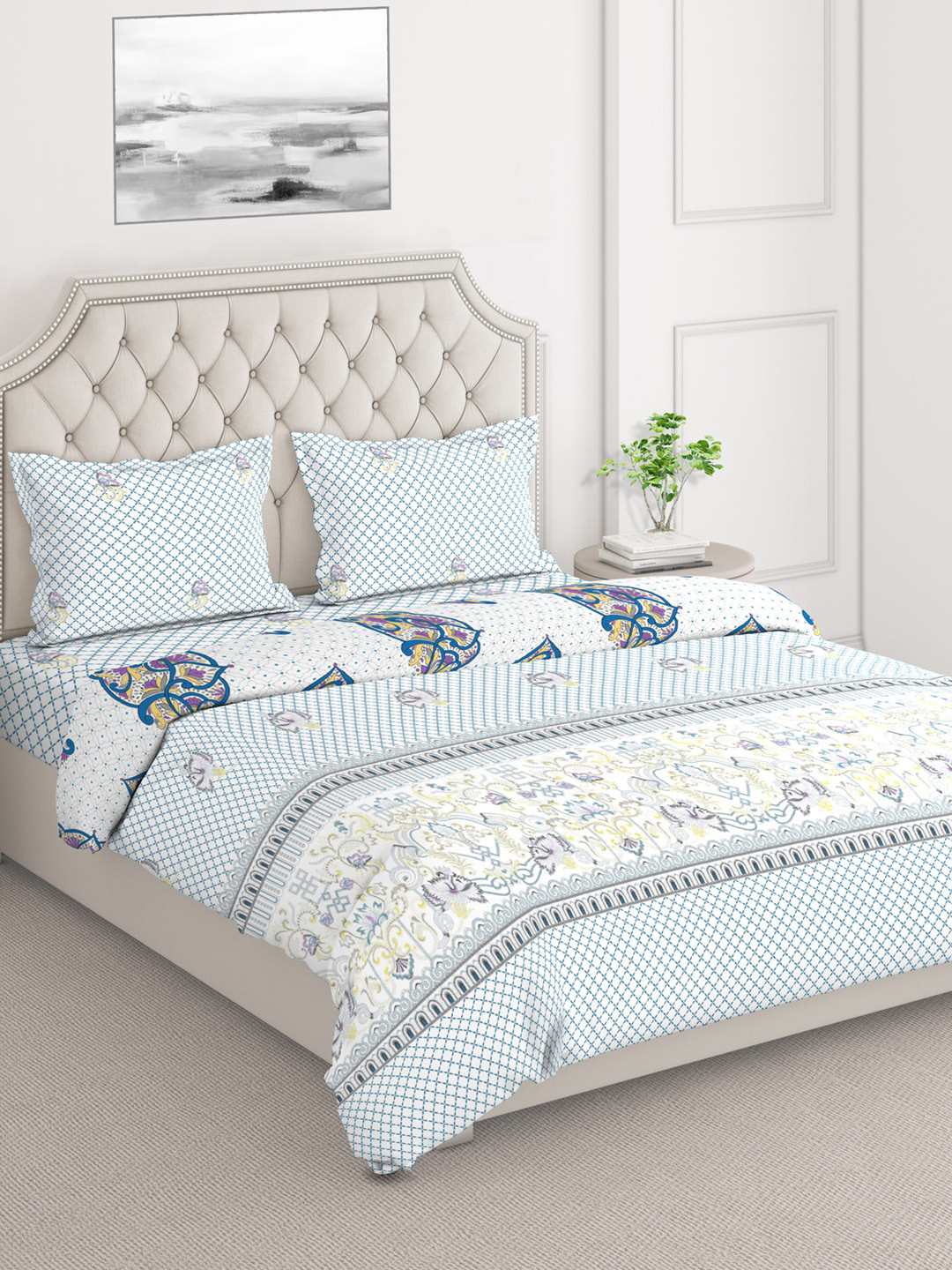 

Layers DuroCount White & Blue Ethnic Motifs Printed Double King Bedding Set