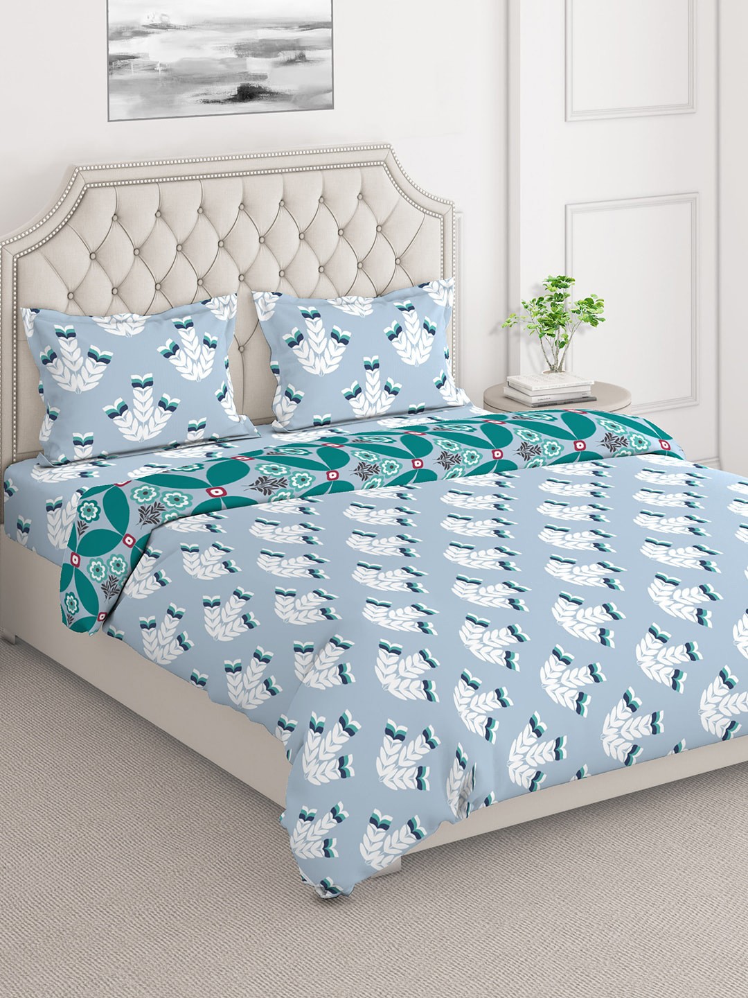 

Layers Firenze Blue & White Floral Printed Superfine Cotton Double Queen Bedding Set