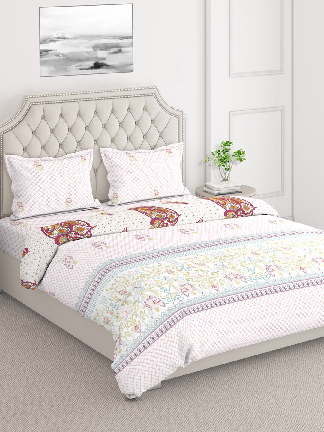 

Layers DuroCount White & Pink Ethnic Motifs Printed Double King Bedding Set