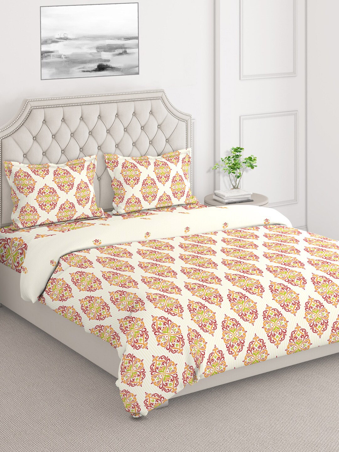 

Layers DuroCount Orange & White Ethnic Motifs Printed Double King Bedding Set