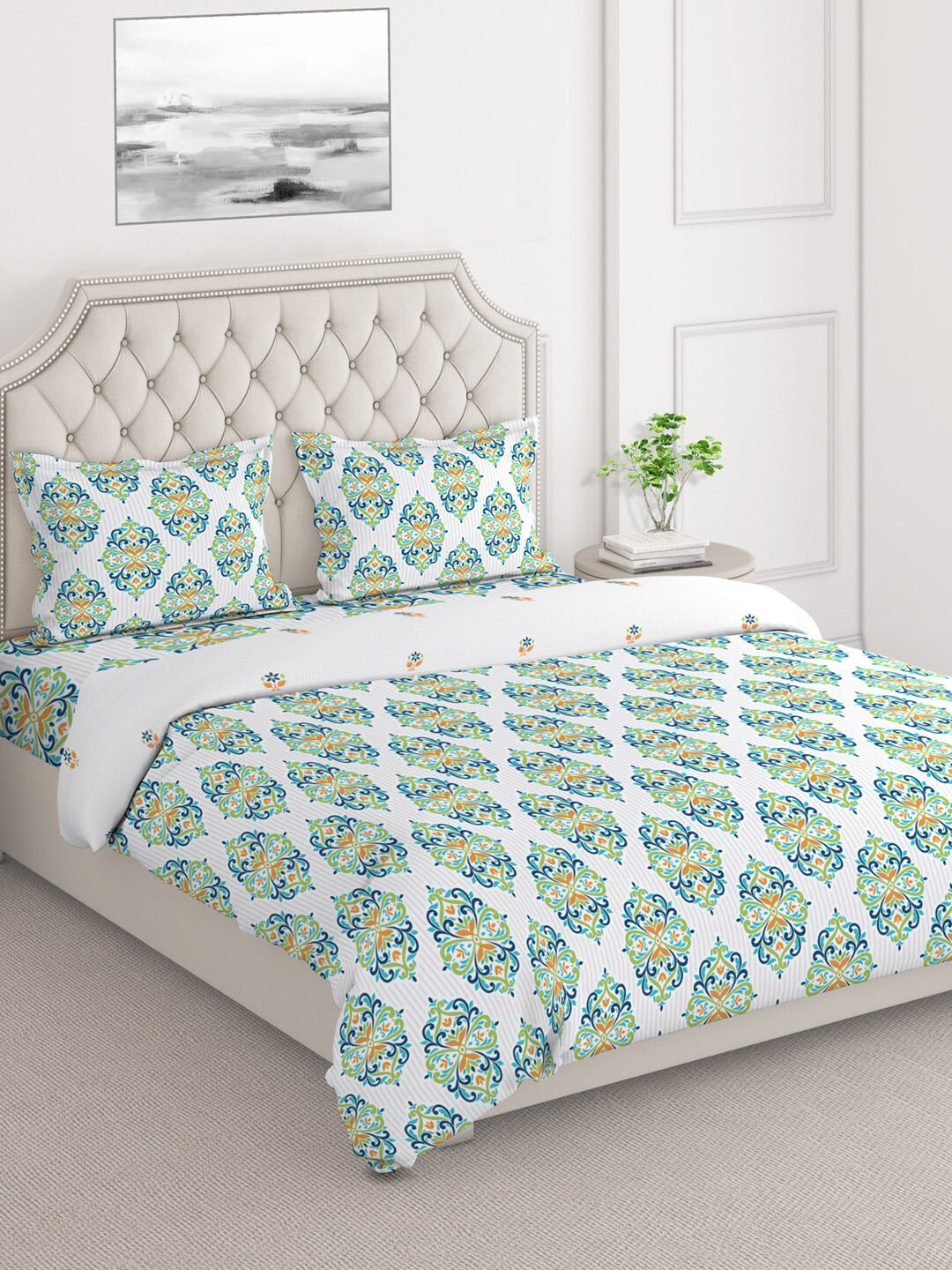 

Layers Duro Count White & Green Ethnic Motifs Printed Double King Bedding Set