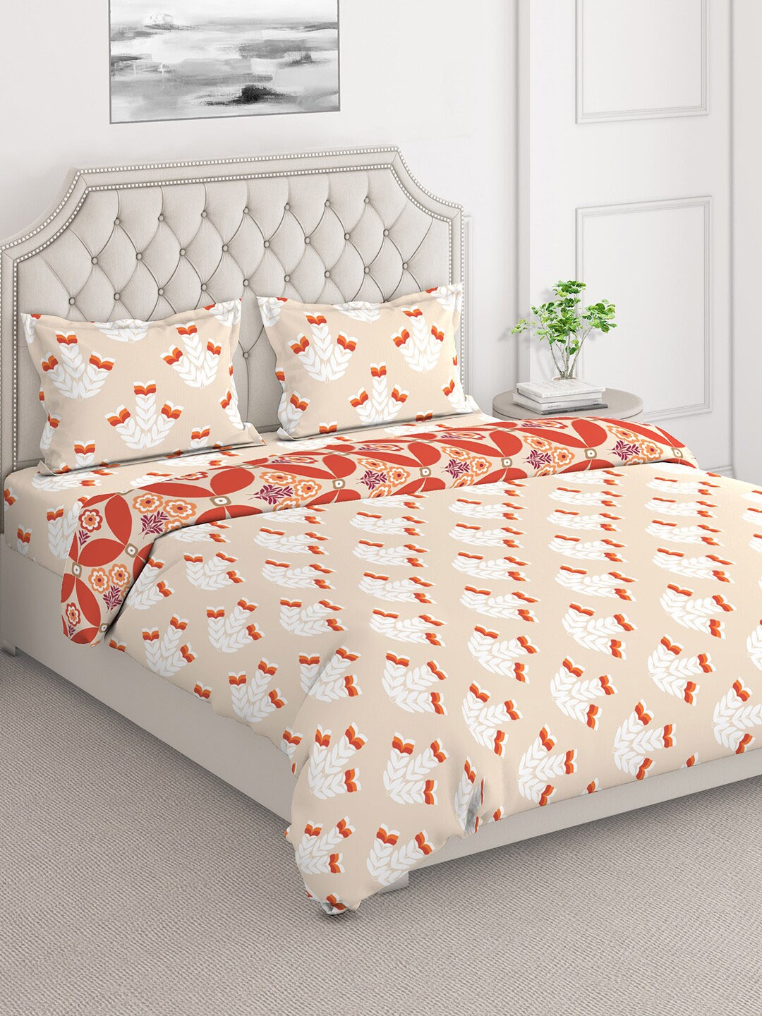 

Layers Firenze Biege & White Ethnic Motifs Printed Pure Cotton Double King Bedding Set, Beige