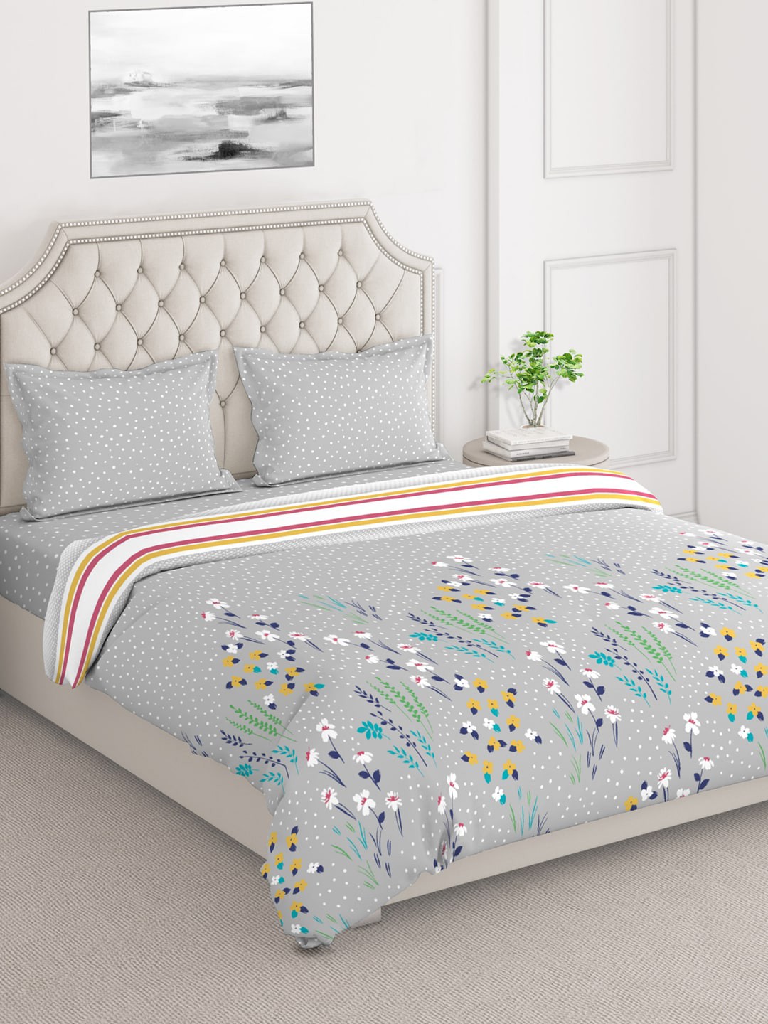 

Layers Duro Count Grey & White Floral Printed Double King Bedding Set