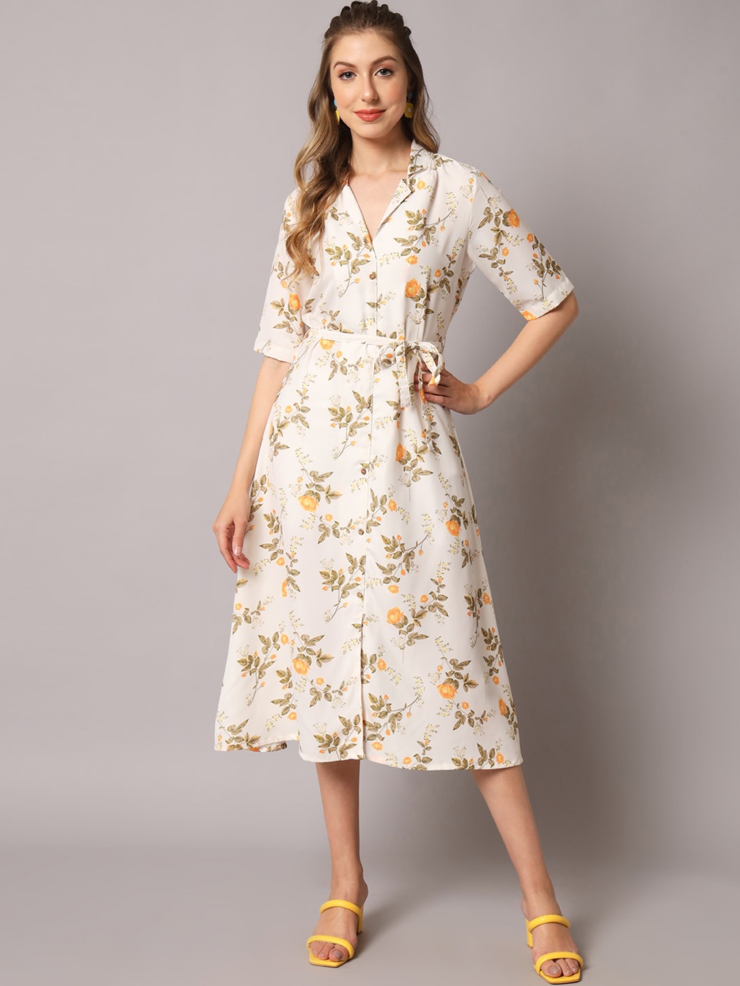 

PREKSHA Floral Crepe Shirt Midi Dress, White