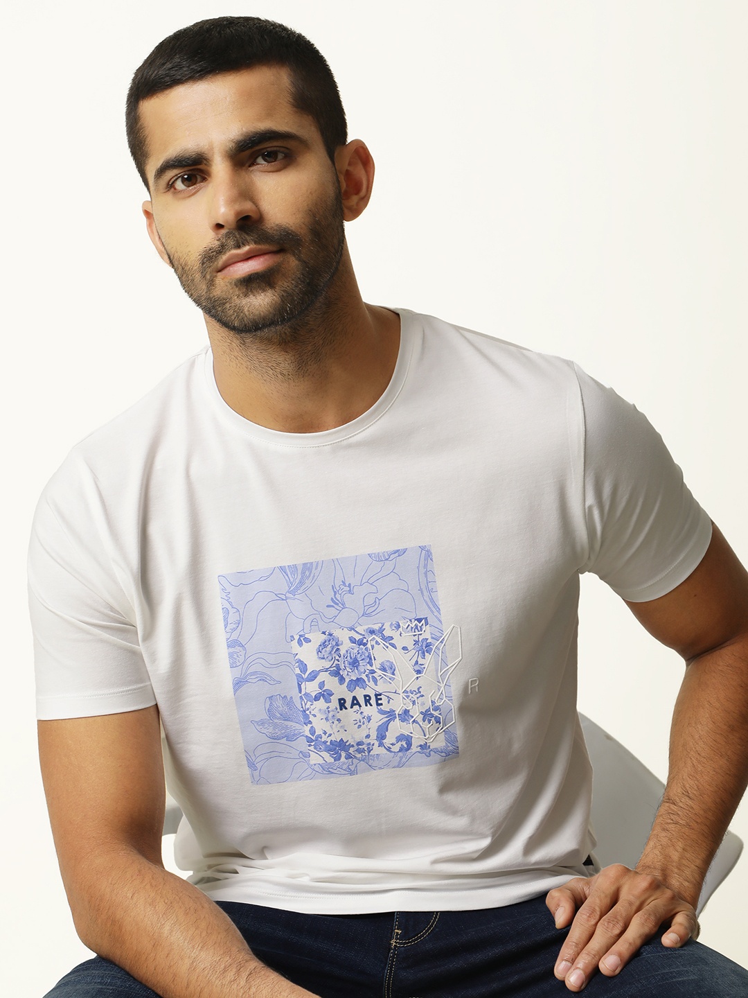 

RARE RABBIT Men Band Regular Fit Floral Printed Cotton T-Shirt, White