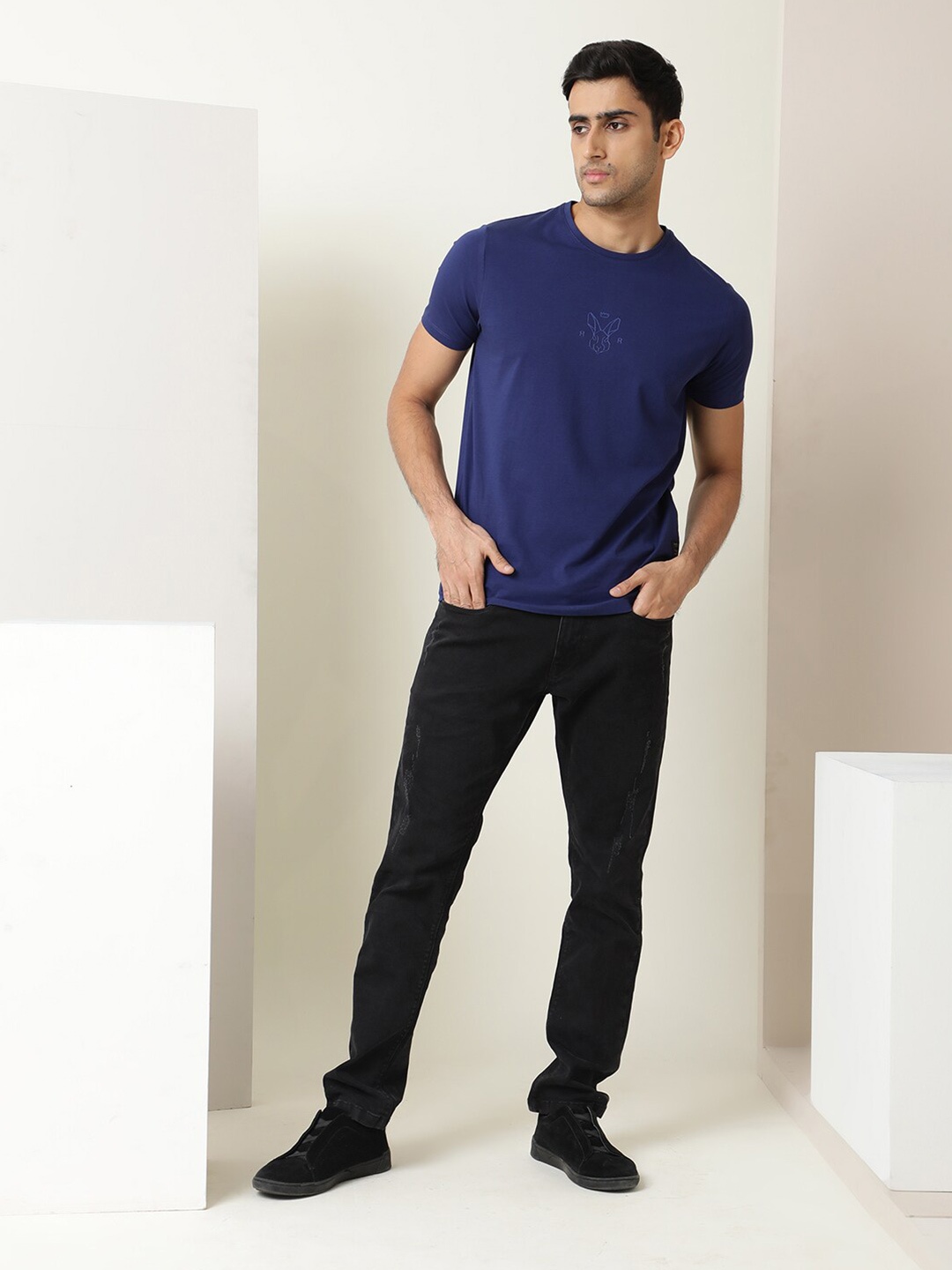 

RARE RABBIT Men Ovale Slim Fit Cotton T-Shirt, Navy blue