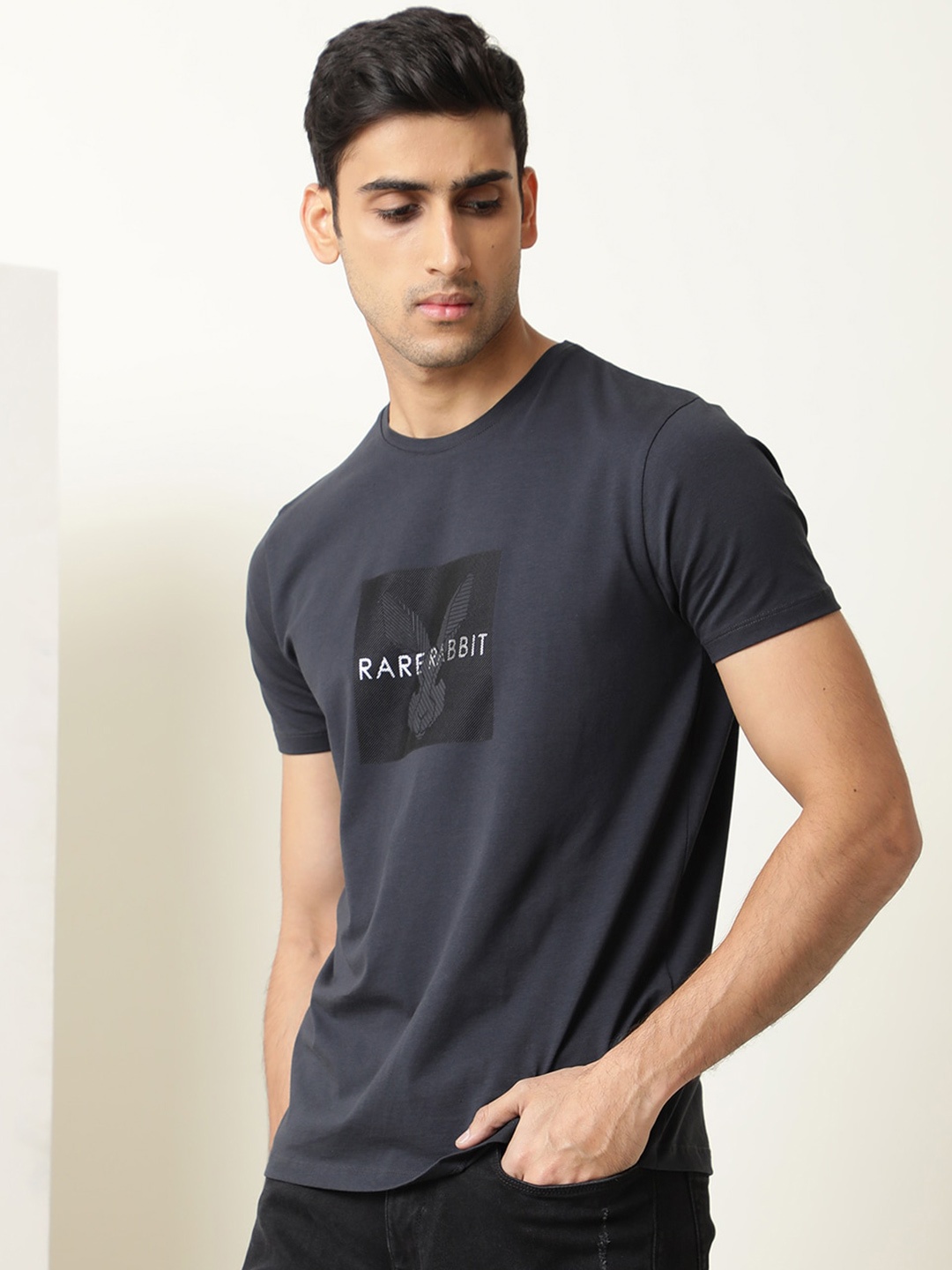 

RARE RABBIT Men Mote Slim Fit Brand Logo Printed Cotton T-Shirt, Grey