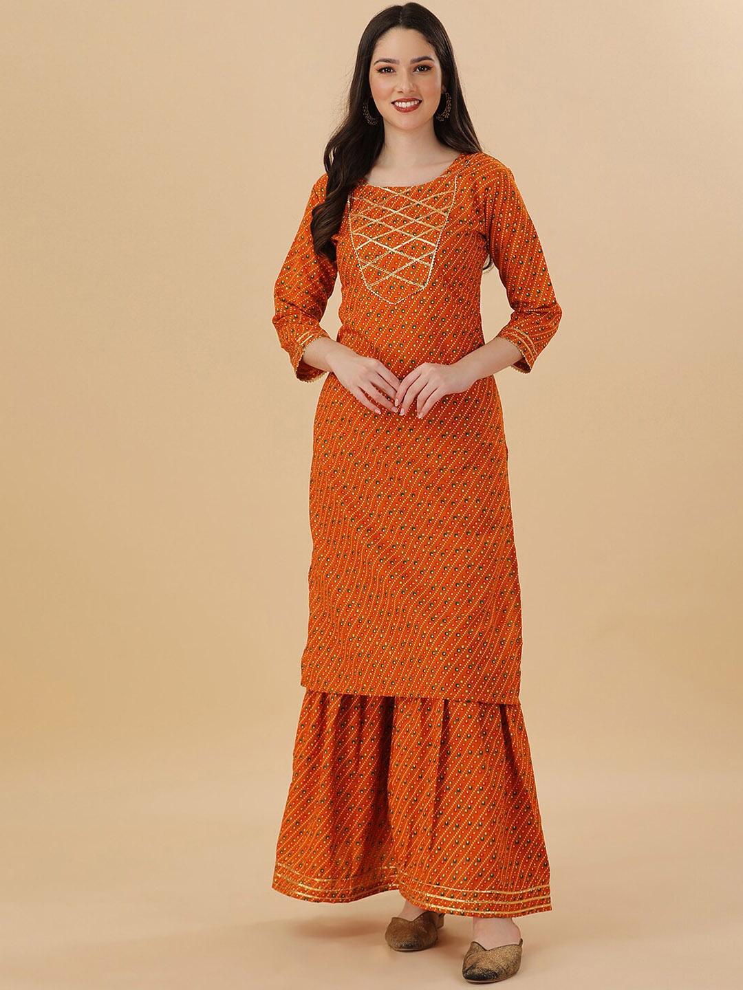 

GUFRINA Bandhani Printed Gotta Patti Kurta with Sharara, Orange