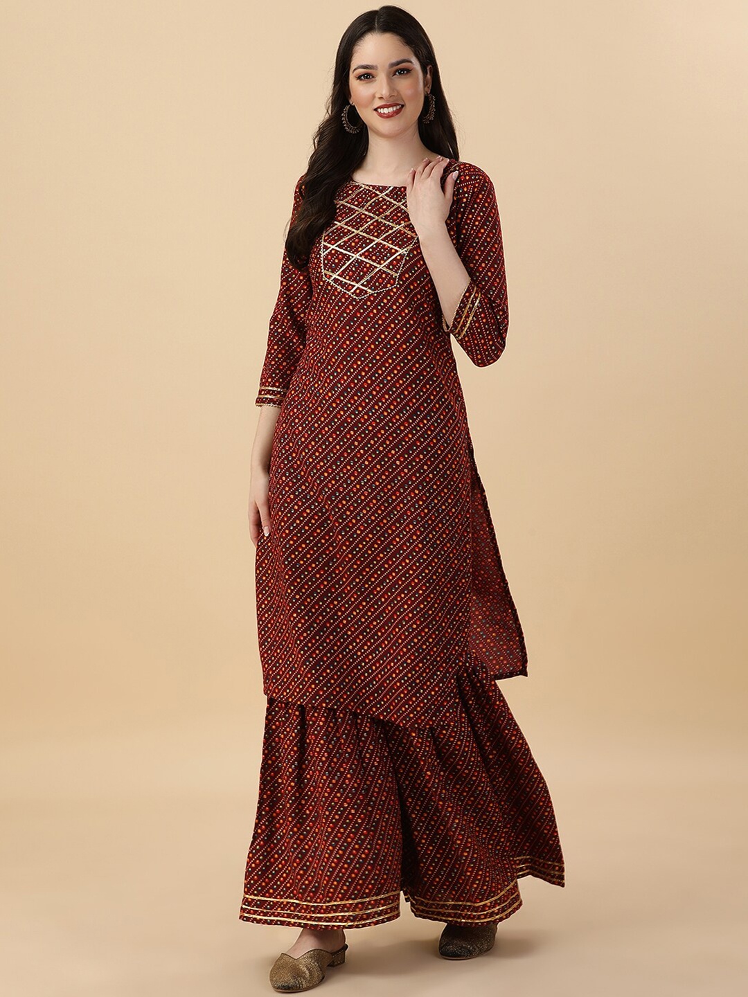 

GUFRINA Bandhani Printed Gotta Patti Kurta with Sharara, Maroon