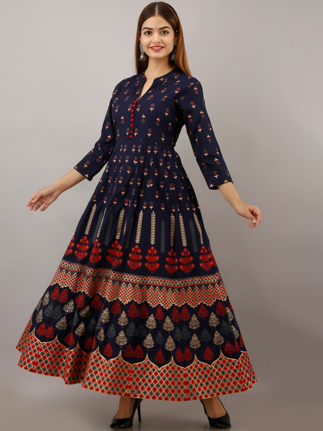 

PURSHOTTAM WALA Band Collar Ethnic Motifs Printed Anarkali Kurta, Navy blue