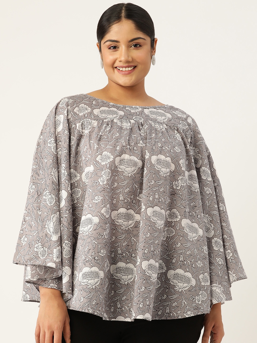 

theRebelinme Plus Size Floral Print Longline Cotton Top, Grey