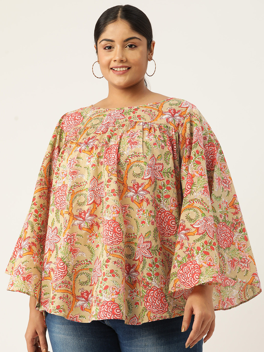 

theRebelinme Floral Print Longline Cotton Top, Beige