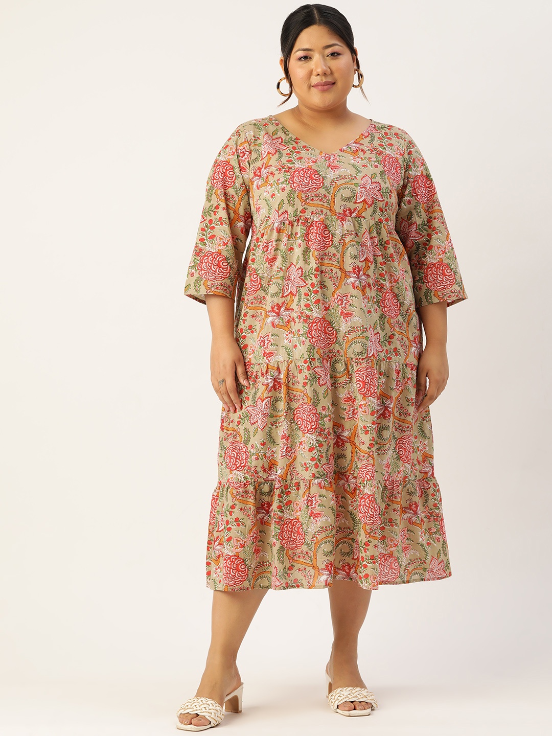 

theRebelinme Plus Size Floral Cotton A-Line Midi Dress, Green