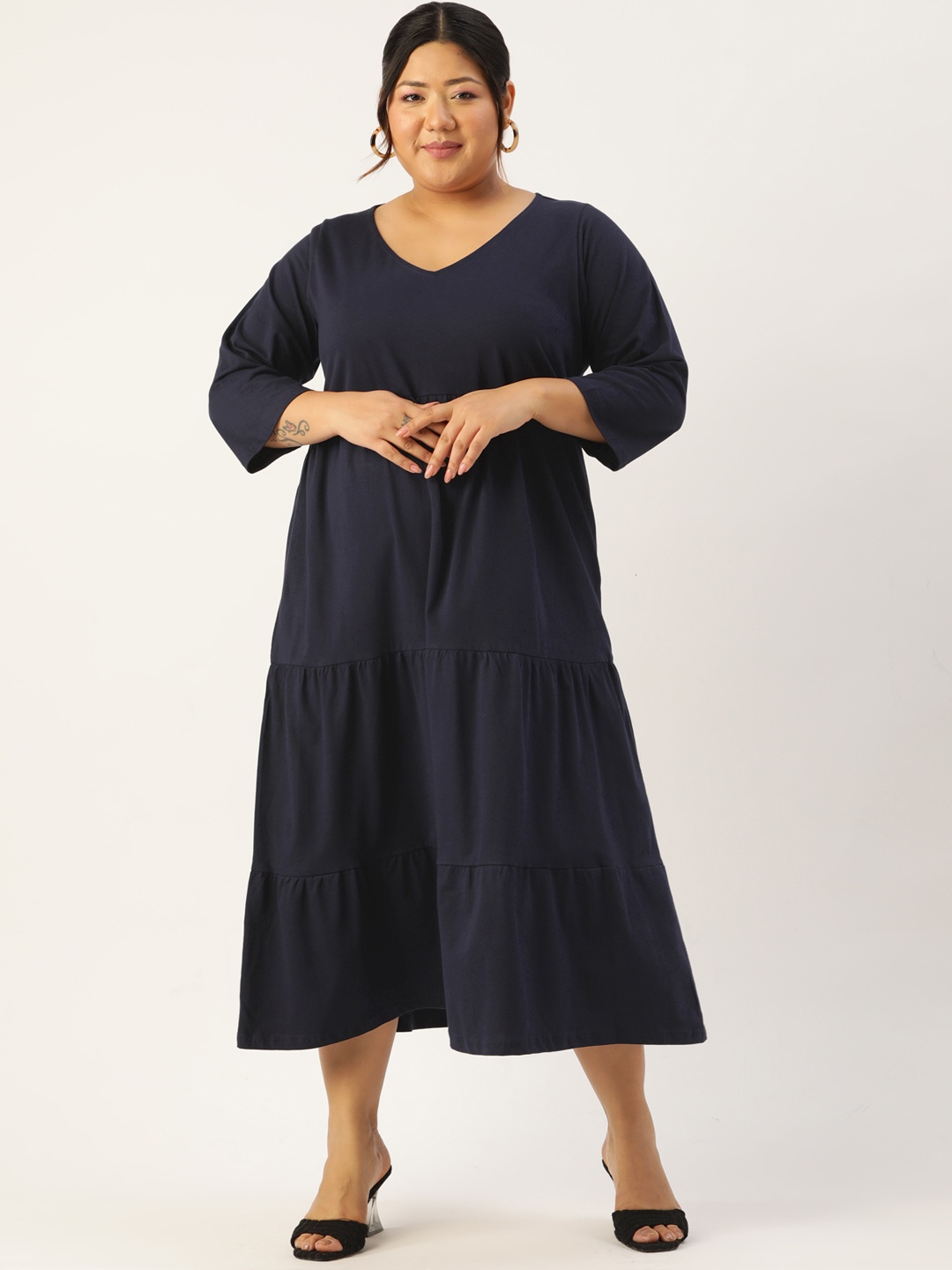 

theRebelinme Plus Size Cotton A-Line Midi Dress, Navy blue