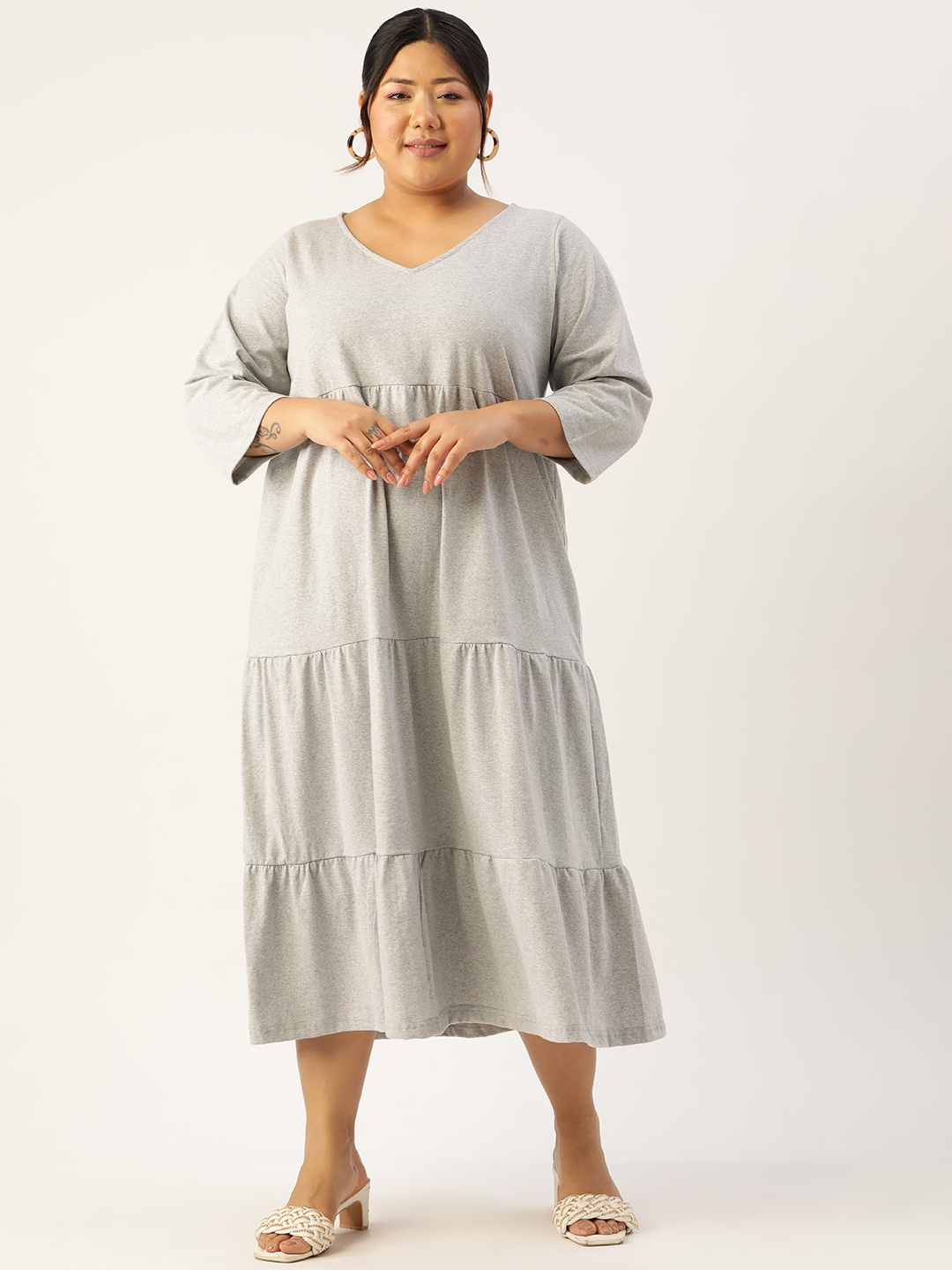 

theRebelinme Plus Size Cotton A-Line Midi Dress, Grey
