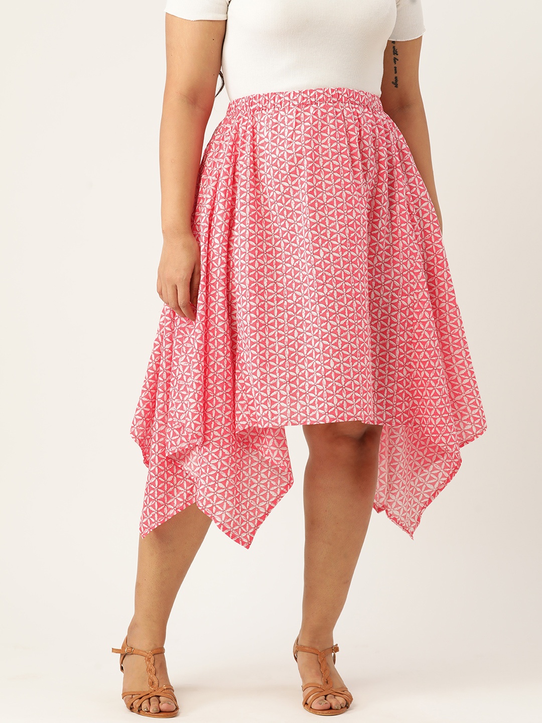 

theRebelinme Plus Size Pure Cotton Floral Asymmetric Skirt, Pink